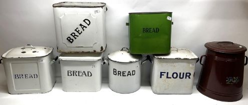 Seven large enamel food containers incl. bread bins, flour bins, etc. (7)