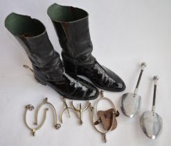 Pair of vintage cavalry boots with attached spurs and a pair of 'Vic-Tree' shoe trees. Also 3