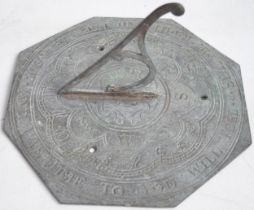 Antique style metal octagonal sundial inscribed 'Set Me Right And Use Me Well And I Ye Time To You