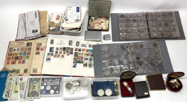 Mixed collection of GB & international stamps, bank notes and coins, cigarette cases,
