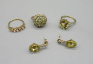 9ct yellow gold dome shaped ring set with green stones and diamonds, size P, two more 9ct gold