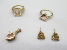 9ct yellow gold earrings set with morganite, a matching pendant and ring, sizeO1/2, and another ring