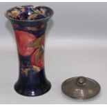 Moorcroft Pottery - pomegranate pattern vase of waisted form, H21cm, and a pewter cover stamped