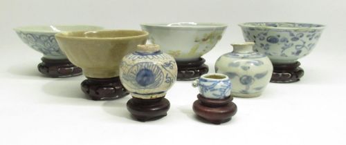 Collection of Chinese pottery inc. Ming period blue and white and celadon bowl, with 6 wood