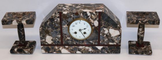 Japy Freres et Cie, Art Deco marble three piece clock garniture, white enamel Arabic dial, two train