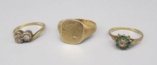 9ct yellow gold signet ring set with diamond, size W, a crossover diamond ring, size M1/2, and a