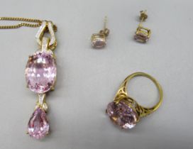 9ct yellow gold ring set with kunzite and diamonds, size O, with matching pendant necklace and
