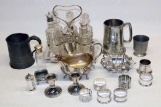 C20th six bottle table cruet on EPNS stand, other silver plated wares, pewter 1 pint tankard etc