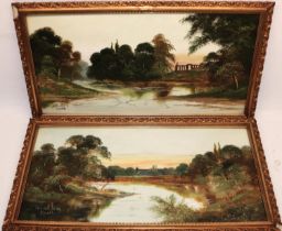 Reynolds (British early C20th); 'Bolton Abbey & Kirkstall Abbey' pair of oils on ceramic panels,