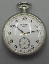 Sekonda plated open face pocket watch, signed white Arabic dial with subsidiary seconds, snap on