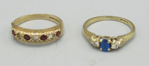9ct yellow gold blue stone and diamond ring, size L1/2, and a 9ct ring set with red and clear