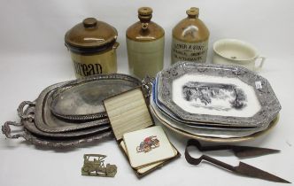 Collection of ceramics incl. meat plates, two stoneware flagons, silver plated trays, oil lamps,
