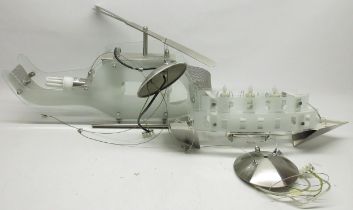 Two novelty light fittings, in the form of a helicopter and a boat, max. L60cm (2)