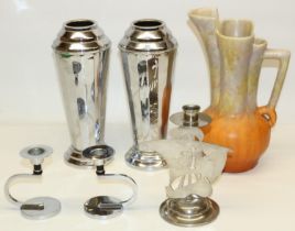 Collection of Art Deco style items incl. pair of chromed vases H26cm, a pair of crescent moon chrome