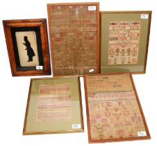 Four C19th needlework alphabet samplers, max. 43x28cm externally, and a reverse painted full