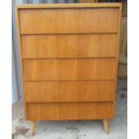1960s teak finish chest of five drawers on turned tapering outsplayed supports, W77cm D40cm H114cm