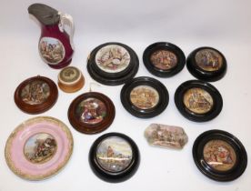 Collection of C19th transfer decorated Pratt ware, predominantly mounted pot lids, incl. 'Il