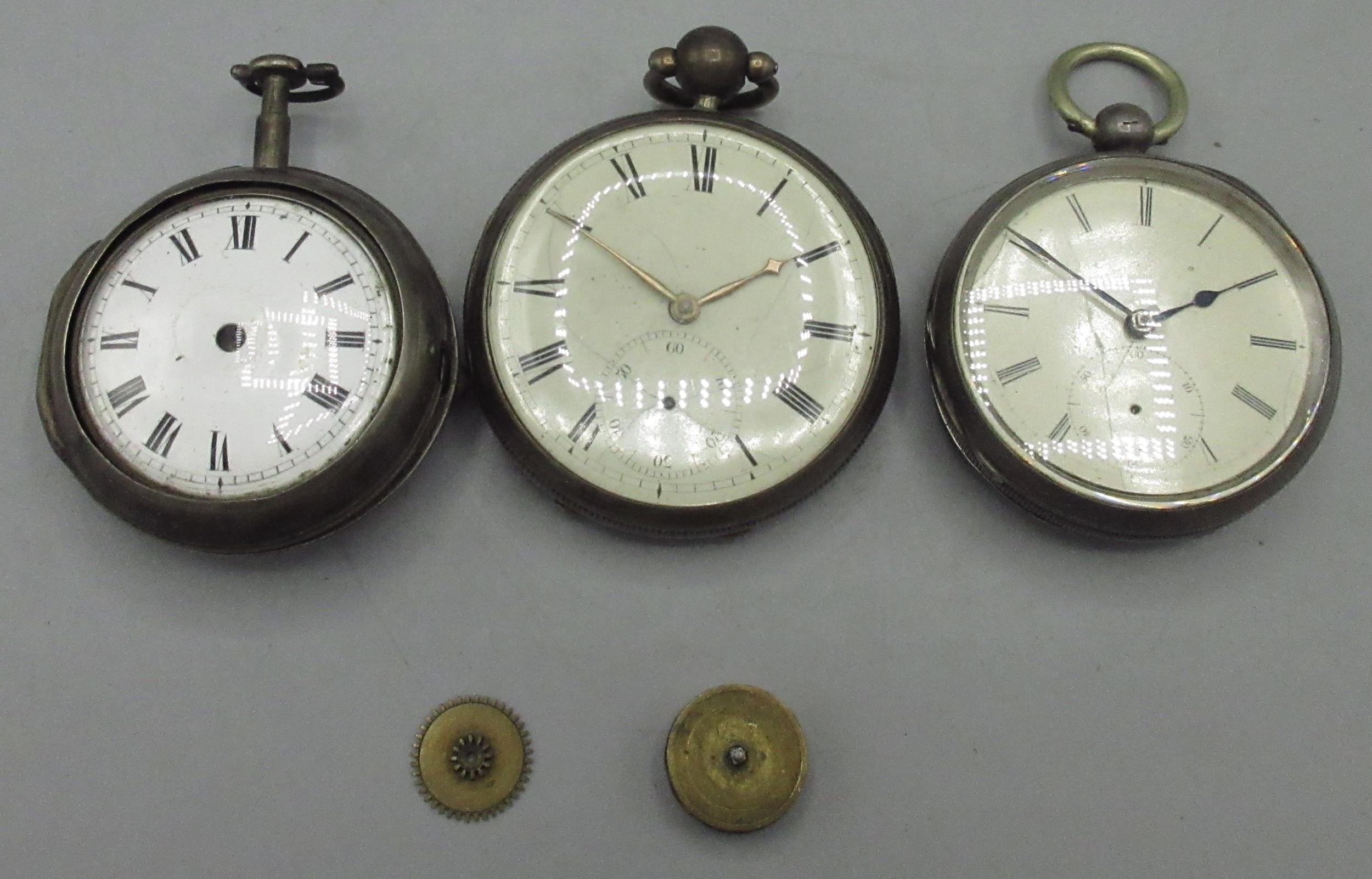 T. Cater London C18th silver verge pair case pocket watch, white enamel Roman dial, signed gilt