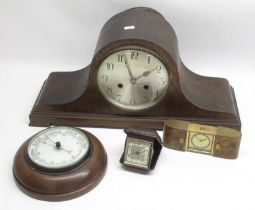 1930's German oak mantle clock, silvered Arabic dial, two train striking movement on a scroll