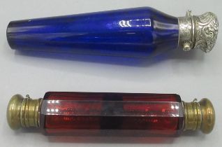 Two C19th coloured glass scent bottles, comprising a cobalt blue scent bottle of tapering form,