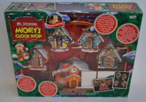 Mickey's Clock Shop, boxed festive musical animated boxed set by Mr Christmas. Tested and works