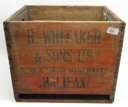 Breweriana - wooden bottle crate for R. Whitaker & Sons Ltd. Wine & Spirit Merchants Halifax, H34.