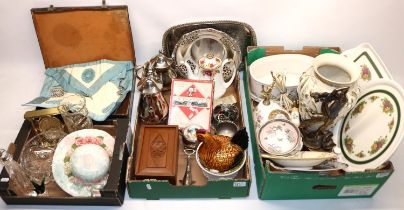 Royal Albert Moss Rose telephone; silver plated tray and other metalware; dominoes set in oak