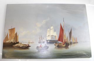 Two unframed oil on canvas paintings, both depicting harbour scenes. Smaller painting damage to