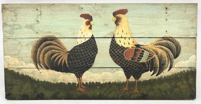 Study of two fancy chickens, oils on wood panels, 31cm x 61cm