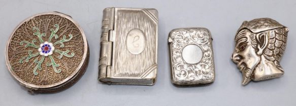 Three silver vesta cases and a filigree unmarked metal powder box with decorative enamel, silver