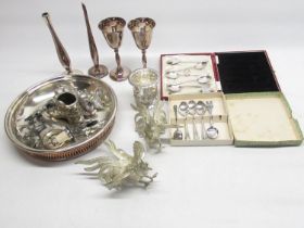Selection of silver plated and polished pewter ware incl. miniature model animals, pair of