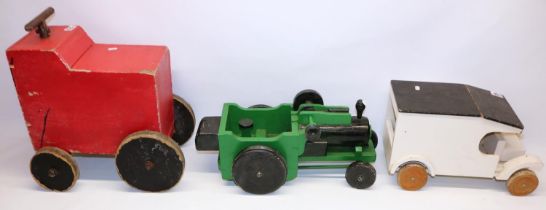 Scratch-built wooden ride on toy vehicle, and two similar model vehicles incl. a tractor, max. L52cm