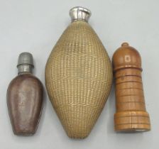 Three scent bottles, comprising rattan/basketweave encased scent flask with monogrammed white