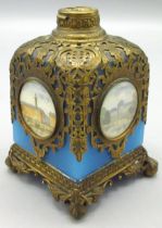 C19th Palais Royal gilt metal mounted blue opaline glass scent bottle, set with four images of Paris