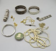Three hallmarked Sterling silver bangles, other silver jewellery, gross 2.84ozt, and costume