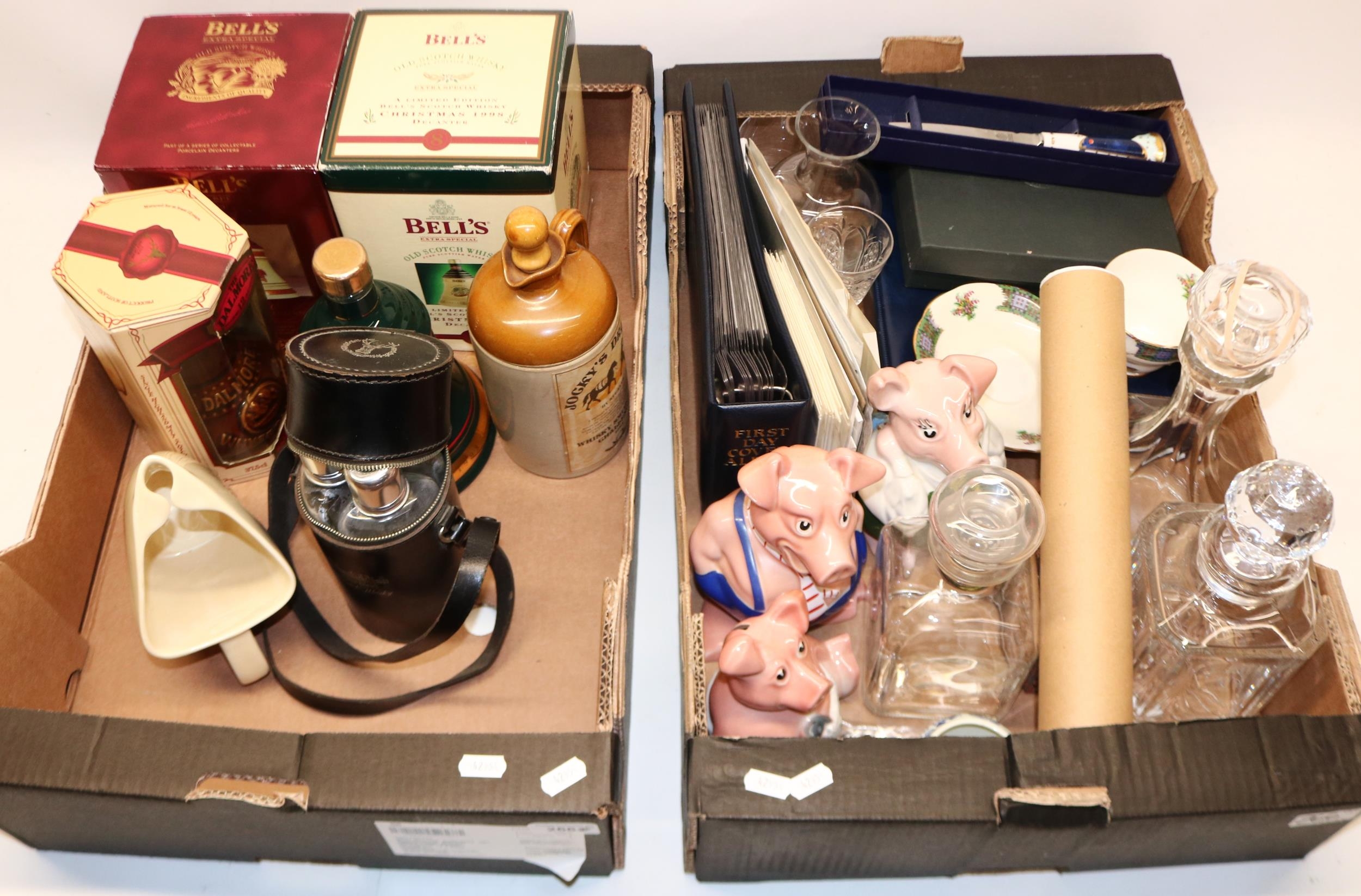 Group of various collectables incl. three Bell's 70cl decanters, whisky collectables, Nat West pigs,