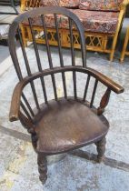 C19th ash and elm Childs stick back Windsor chair on turned supports with stretchers