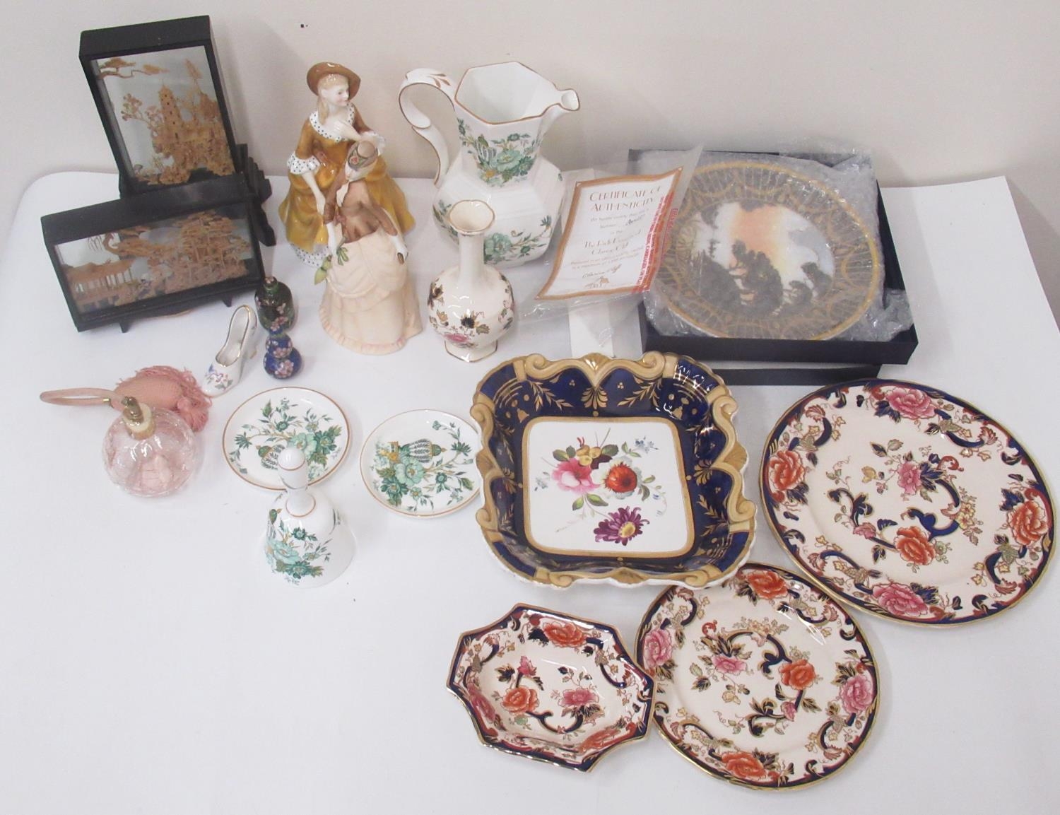 Two Chinese cork dioramas, Staffordshire bone china bell, jug and side plates in Kowloon pattern,