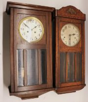 Kienzle mid C20th oak chiming wall clock, glazed panel door enclosing 8" silvered Arabic dial, three