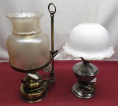 Two metal oil lamps converted to electric, with chimneys and shades (2)
