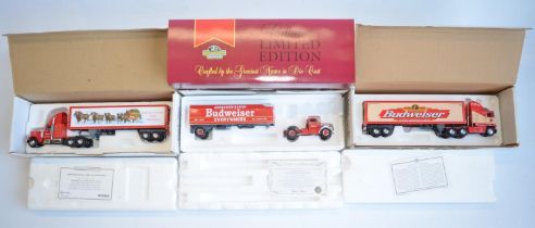 Three boxed 1/58 scale Budweiser themed diecast truck models to include Matchbox Collectibles