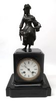 C19th French polished slate figural mantel clock, the case surmounted with a cast spelter figure