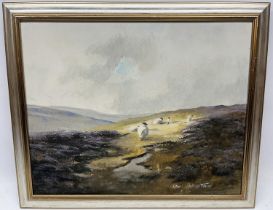 Lewis Creighton (British 1918-1996); Sheep in a Moorland landscape, oil on board, signed, 40cm x