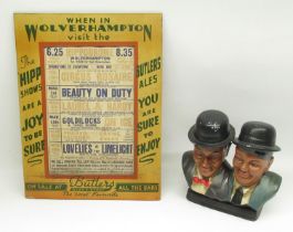 Laurel and Hardy statue with a c20th wood framed poster from the Wolverhampton Hippodrome showing