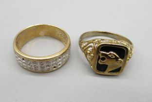 9ct yellow gold band ring set with rows of diamonds (A/F), stamped 375, size R1/2, and a 9ct