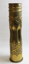 Large Trench Art shell case with floral design. Dated 1910, H50cm