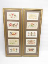 Group of 10 WW1 fabric postcards, framed in 2 matching picture frames (5 in each), H64cm W23cm