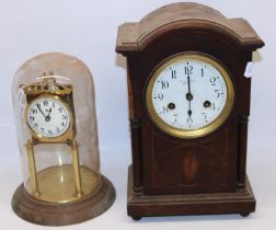 Junghans retailed by Benjamin Harral Barnsley early C20th inlaid oak mantel clock with two train