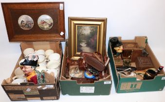 Mixed collectables, incl. three pratt ware pot lids, an eastern carved wooden box, a late C19th H.