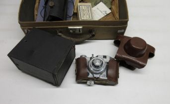 Case cont. Koroll 'S' Film 120 F:11 camera, Kodak No. 2A Brownie camera, box of Metol-Quinol